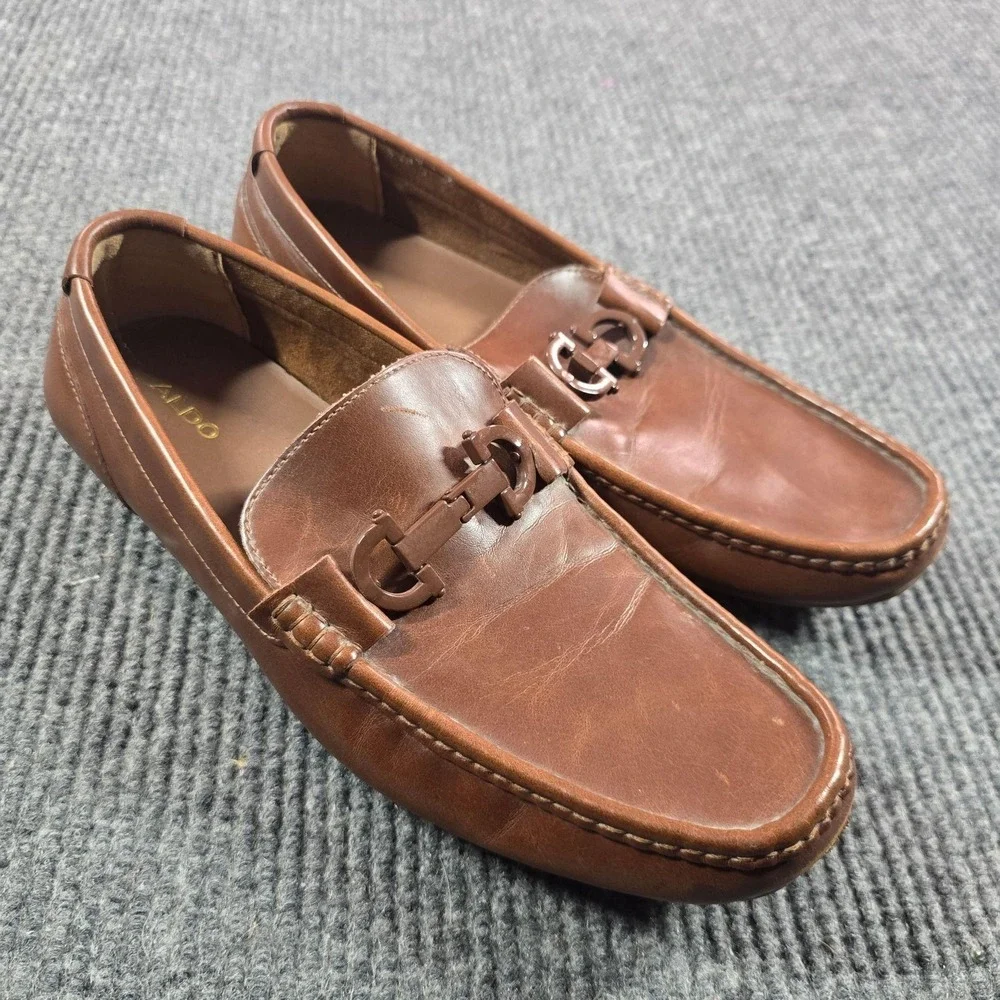Aldo Shoes Mens Size 11 Brown Leather Bit Loafers Slip On Comfort Square Toe